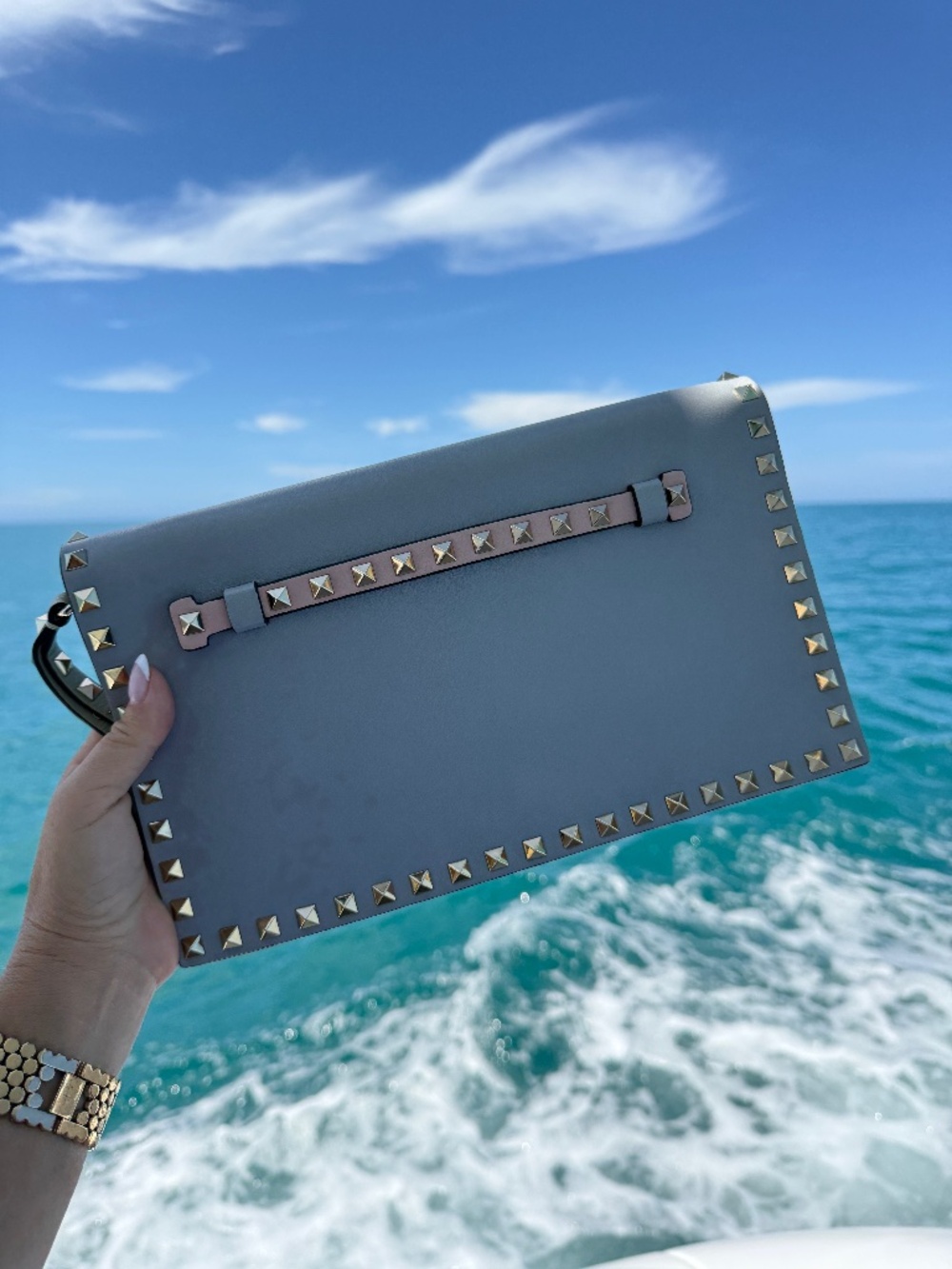 Valentino Garvanni Nappa Watercolor Rockstud Wristlet Clutch Rose Yellow Sky